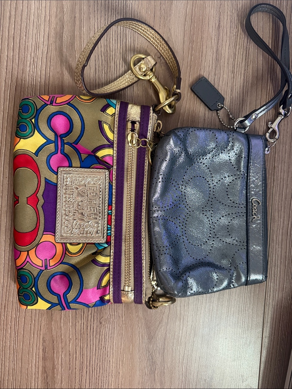 2 pc Coach Multicolor Printed Pouch with Metallic Gray Leather Wristlet bundle